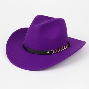 Purple Western Cowboy Hat Wide Brim Fedora Style with Chain Band for Men & Women